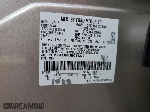 2018 Ford Edge SEL with VIN 2FMPK3J9XJBC51207, listed as a Copart auction lot 75321744 with 54,165 mi miles and Salvage Title. Bid and sale history available at carsss.com. Image 12.