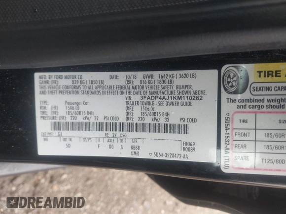 2019 Ford Fiesta S with VIN 3FADP4AJ1KM110282, listed as a IAAI auction lot 42308640 with 103,773 mi miles and . Bid and sale history available at DreamBid. Image 9.