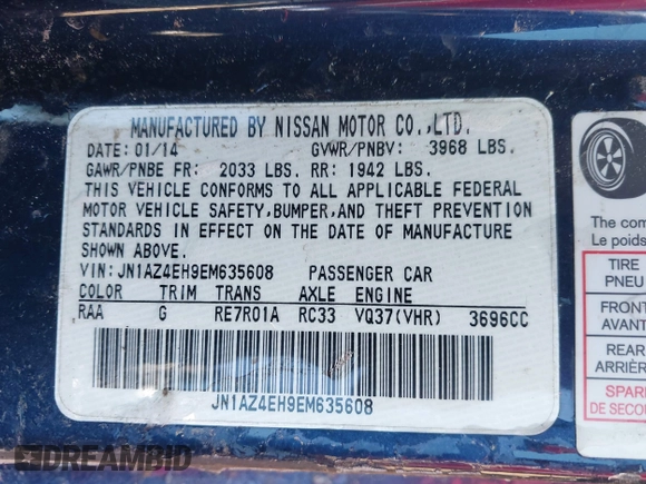 2014 Nissan 370Z Nismo with VIN JN1AZ4EH9EM635608, listed as a IAAI auction lot 41333034 with 45,354 mi miles and . Bid and sale history available at DreamBid. Image 9.