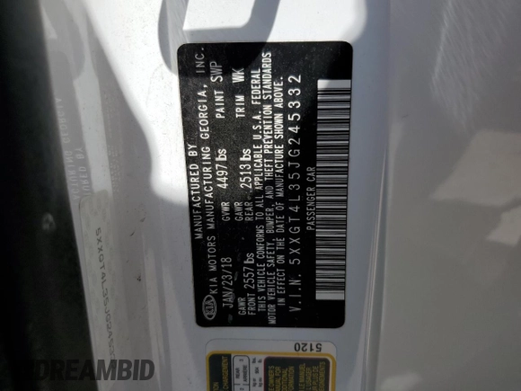2018 Kia Optima LX with VIN 5XXGT4L35JG245332, listed as a Copart auction lot 56560595 with 109,116 mi miles and Salvage title. Bid and sale history available at DreamBid. Image 12.