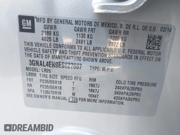 2014 Chevrolet Captiva Sport LTZ with VIN 3GNAL4EK9ES627607, listed as a IAAI auction lot 41282919 with 157,008 mi miles. Bid and sale history available at carsss.com. Image 9.