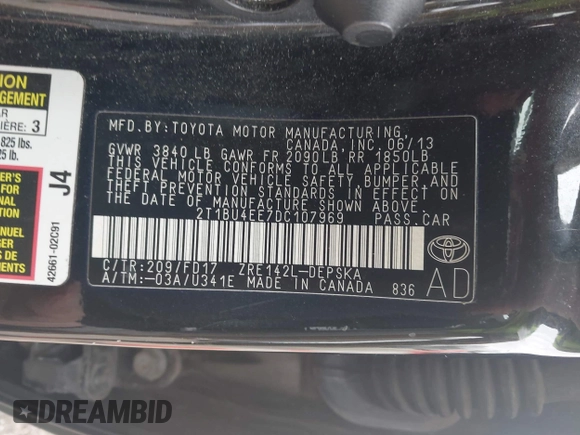 2013 Toyota Corolla L with VIN 2T1BU4EE7DC107969, listed as a IAAI auction lot 42103215 with Not Provided miles and . Bid and sale history available at DreamBid. Image 9.
