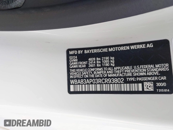 2024 BMW 4 Series M440i with VIN WBA83AP03RCR93802, listed as a IAAI auction lot 41619054 with 11,173 mi miles. Bid and sale history available at carsss.com. Image 9.