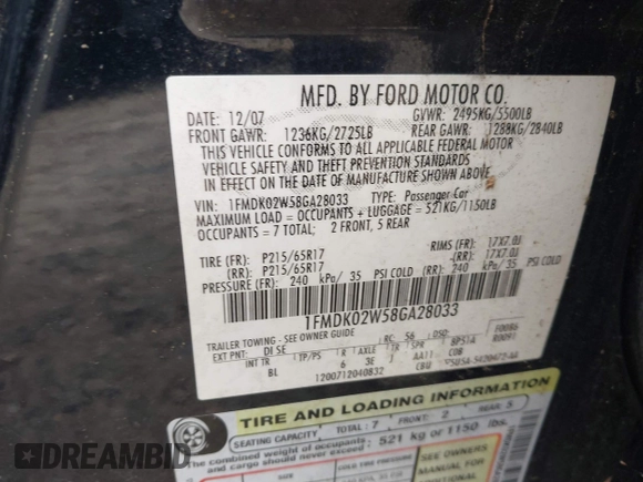 2008 Ford Taurus X SEL with VIN 1FMDK02W58GA28033, listed as a IAAI auction lot 42715854 with 203,375 mi miles and . Bid and sale history available at DreamBid. Image 9.