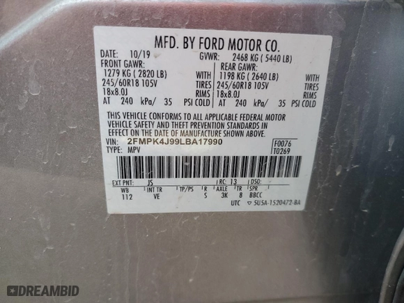 2020 Ford Edge SEL with VIN 2FMPK4J99LBA17990, listed as a Copart auction lot 49837895 with 48,809 mi miles and Salvage Title. Bid and sale history available at carsss.com. Image 14.