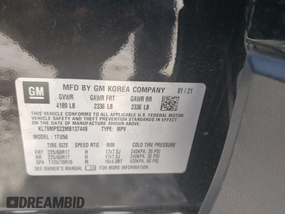 2021 Chevrolet TrailBlazer LT with VIN KL79MPS22MB137449, listed as a Copart auction lot 47800004 with 77,392 mi miles and Salvage Title. Bid and sale history available at DreamBid. Image 15.