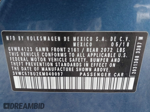 2019 Volkswagen Jetta S with VIN 3VWC57BU2KM040097, listed as a IAAI auction lot 42496084 with 29,720 mi miles and . Bid and sale history available at DreamBid. Image 9.
