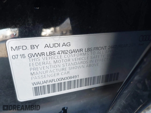 2016 Audi A4 Premium with VIN WAUAFAFL0GN008491, listed as a IAAI auction lot 41323195 with 90,777 mi miles. Bid and sale history available at carsss.com. Image 9.