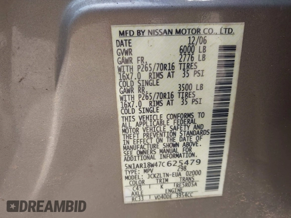 2007 Nissan Pathfinder SE z VIN 5N1AR18W47C625479, wystawiony jako IAAI lot #42398676 z przebiegiem 227 037 mil mil oraz . Historia ofert i sprzedaży dostępna na DreamBid. Obrazek 9.