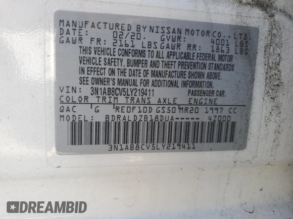 2020 Nissan Sentra SV with VIN 3N1AB8CV5LY219411, listed as a Copart auction lot 53054285 with 127,304 mi miles and Salvage Title. Bid and sale history available at DreamBid. Image 13.