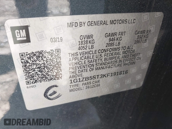 2019 Chevrolet Malibu LS z VIN 1G1ZB5ST3KF191816, wystawiony jako IAAI lot #41890238 z przebiegiem 88 362 mil mil oraz . Historia ofert i sprzedaży dostępna na DreamBid. Obrazek 9.