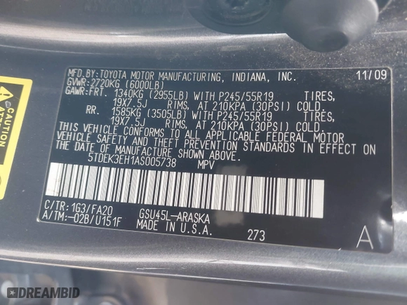 2010 Toyota Highlander Sport with VIN 5TDEK3EH1AS005738, listed as a IAAI auction lot 42028866 with 216,014 mi miles. Bid and sale history available at carsss.com. Image 9.