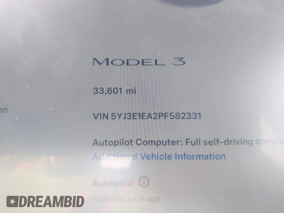 2023 Tesla Model 3 with VIN 5YJ3E1EA2PF582331, listed as a IAAI auction lot 41043858 with 33,601 mi miles and . Bid and sale history available at DreamBid. Image 15.