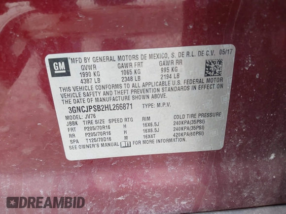 2017 Chevrolet Trax LT with VIN 3GNCJPSB2HL266871, listed as a IAAI auction lot 41840039 with 89,906 mi miles. Bid and sale history available at carsss.com. Image 9.