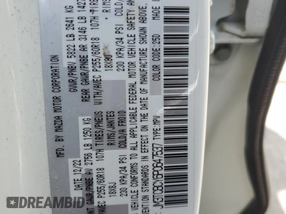 2023 Mazda CX-9 Touring z VIN JM3TCBCY6P0647537, wystawiony jako Copart lot #51578145 z przebiegiem 51 316 mil mil oraz Nie do naprawy • Non repairable. Historia ofert i sprzedaży dostępna na DreamBid. Obrazek 15.