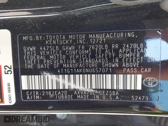 2022 Toyota Camry SE z VIN 4T1G11AK0NU657071, wystawiony jako IAAI lot #41991413 z przebiegiem 86 272 mil mil oraz . Historia ofert i sprzedaży dostępna na DreamBid. Obrazek 9.