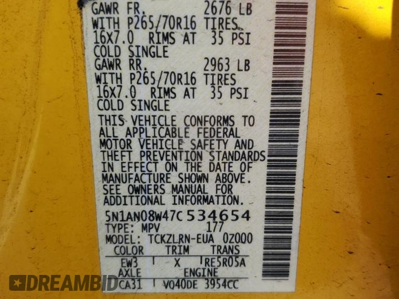 2007 Nissan Xterra SE with VIN 5N1AN08W47C534654, listed as a Copart auction lot 54546595 with 198,028 mi miles and Salvage Title. Bid and sale history available at DreamBid. Image 13.