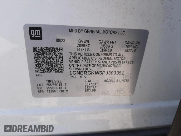 2023 Chevrolet Traverse LT Cloth with VIN 1GNERGKW6PJ303351, listed as a Copart auction lot 54703985 with 28,887 mi miles and Salvage title. Bid and sale history available at DreamBid. Image 14.