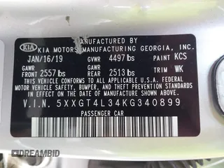 2019 Kia Optima LX z VIN 5XXGT4L34KG340899, wystawiony jako IAAI lot #42445116 z przebiegiem 118 188 mil mil oraz . Historia ofert i sprzedaży dostępna na DreamBid. Obrazek 9.