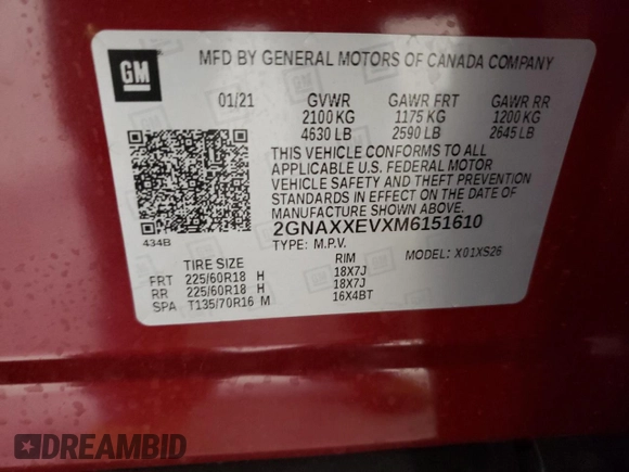 2021 Chevrolet Equinox Premier with VIN 2GNAXXEVXM6151610, listed as a Copart auction lot 60805265 with 14,520 mi miles and Salvage title. Bid and sale history available at DreamBid. Image 13.