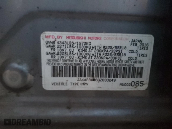 2016 Mitsubishi Outlander Sport 2.0 ES with VIN JA4AP3AU6GZ030249, listed as a Copart auction lot 47430995 with 182,257 mi miles and Salvage Title. Bid and sale history available at carsss.com. Image 14.