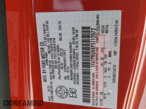 2023 Ford Mustang EcoBoost with VIN 1FATP8UHXP5112072, listed as a Copart auction lot 88209805 with 56,375 mi miles and Salvage title. Bid and sale history available at DreamBid. Image 12.