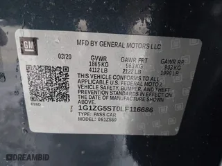 2020 Chevrolet Malibu RS with VIN 1G1ZG5ST0LF116686, listed as a IAAI auction lot 41559625 with 1 mi miles. Bid and sale history available at carsss.com. Image 9.