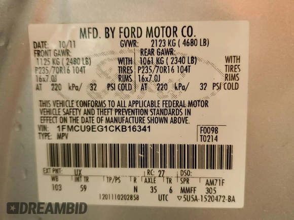 2012 Ford Escape Limited z VIN 1FMCU9EG1CKB16341, wystawiony jako Copart lot #57063845 z przebiegiem 128 205 mil mil oraz Szkoda całkowita • Salvage title. Historia ofert i sprzedaży dostępna na DreamBid. Obrazek 13.