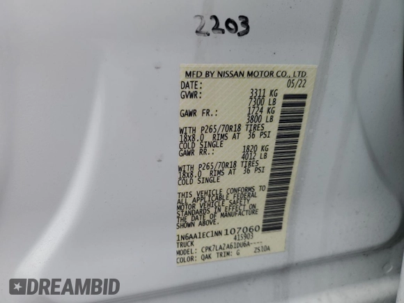 2022 Nissan Titan SV with VIN 1N6AA1EC1NN107060, listed as a Copart auction lot 86410174 with 6,899 mi miles and Clean title. Bid and sale history available at DreamBid. Image 12.
