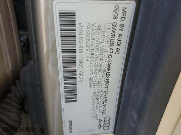 2008 Audi A4 2.0T with VIN WAUAF48H18K016824, listed as a Copart auction lot 50129485 with 121,376 mi miles and Salvage Title. Bid and sale history available at carsss.com. Image 12.