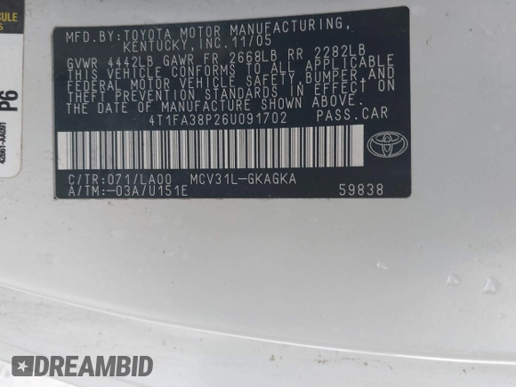 2006 Toyota Solara SE with VIN 4T1FA38P26U091702, listed as a IAAI auction lot 42209160 with 146,844 mi miles and . Bid and sale history available at DreamBid. Image 9.