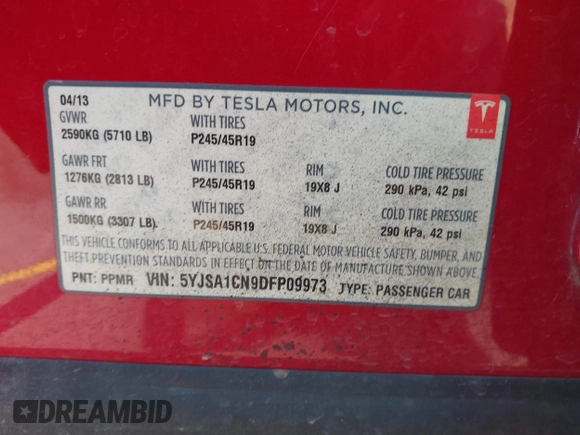 2013 Tesla Model S с VIN 5YJSA1CN9DFP09973, выставлен на аукционе IAAI как лот 42724026 с пробегом 61 546 миль миль и . История ставок и продаж доступна на DreamBid. Изображение 9.