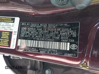 2018 Toyota Avalon XLE with VIN 4T1BK1EBXJU289431, listed as a IAAI auction lot 41782608 with 108,894 mi miles. Bid and sale history available at carsss.com. Image 9.