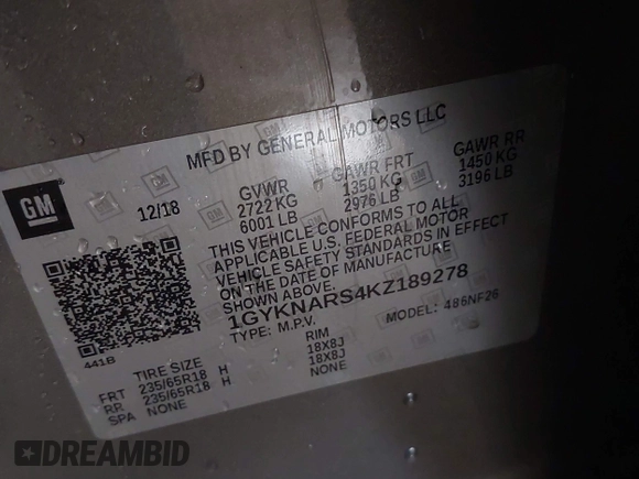 2019 Cadillac XT5 FWD с VIN 1GYKNARS4KZ189278, выставлен на аукционе IAAI как лот 41252450 с пробегом 74 807 миль миль и . История ставок и продаж доступна на DreamBid. Изображение 9.