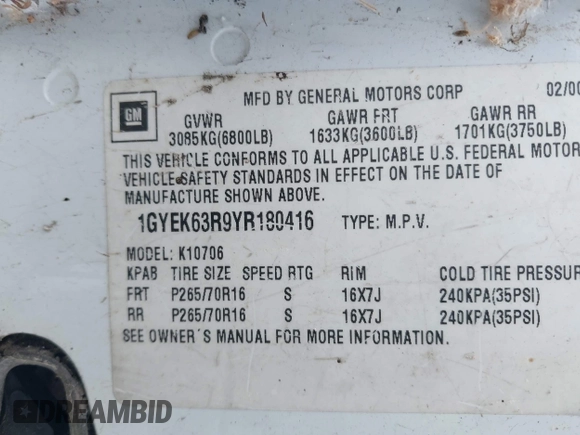 2000 Cadillac Escalade с VIN 1GYEK63R9YR180416, выставлен на аукционе IAAI как лот 42200278 с пробегом 145 848 миль миль и . История ставок и продаж доступна на DreamBid. Изображение 9.