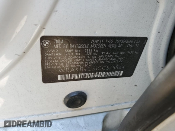 2012 BMW 7 Series 740Li with VIN WBAKB4C51CC575564, listed as a Copart auction lot 60080945 with 148,202 mi miles and Clean title. Bid and sale history available at DreamBid. Image 12.