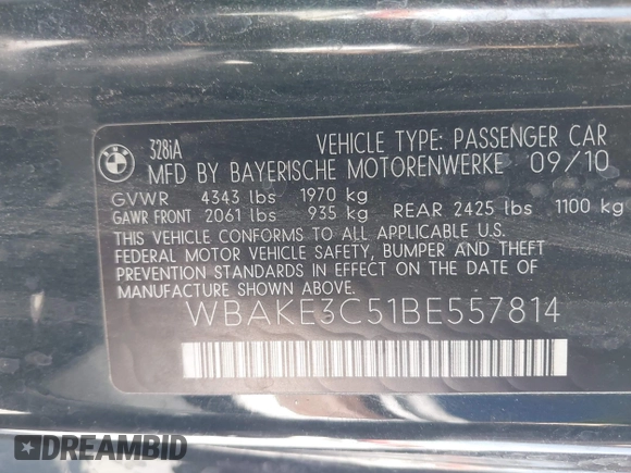 2011 BMW 3 Series 328i with VIN WBAKE3C51BE557814, listed as a IAAI auction lot 42196874 with 114,255 mi miles and . Bid and sale history available at carsss.com. Image 9.