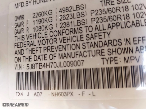 2018 Acura RDX w/Advance Pkg with VIN 5J8TB4H70JL009007, listed as a IAAI auction lot 40382722 with 104,933 mi miles. Bid and sale history available at carsss.com. Image 9.
