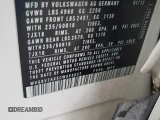 2012 Volkswagen Tiguan S with VIN WVGBV7AX5CW559037, listed as a Copart auction lot 51073435 with 56,620 mi miles and Salvage Title. Bid and sale history available at DreamBid. Image 13.