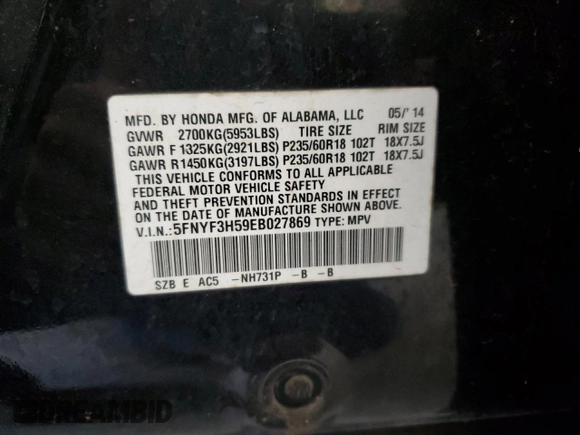 2014 Honda Pilot EX-L with VIN 5FNYF3H59EB027869, listed as a Copart auction lot 52512485 with 203,292 mi miles and Salvage Title. Bid and sale history available at carsss.com. Image 13.