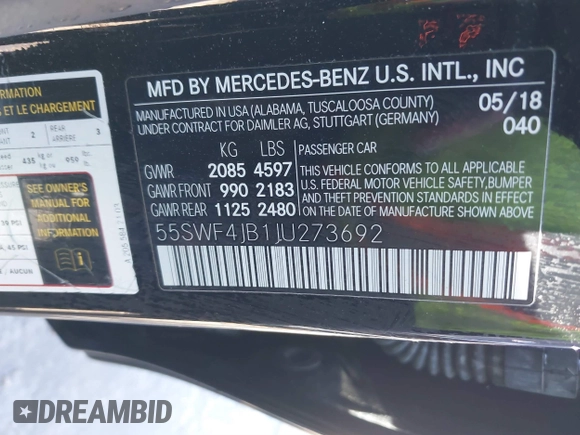 2018 Mercedes-Benz C with VIN 55SWF4JB1JU273692, listed as a IAAI auction lot 41827588 with 23,325 mi miles. Bid and sale history available at carsss.com. Image 9.