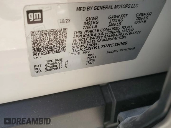 2023 GMC Yukon XL Denali Ultimate with VIN 1GKS2KKL7PR539098, listed as a Copart auction lot 66517064 with 1,309 mi miles and Salvage Title. Bid and sale history available at carsss.com. Image 13.