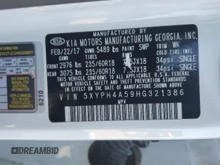 2017 Kia Sorento EX V6 with VIN 5XYPH4A59HG321386, listed as a Copart auction lot 58059574 with 92,235 mi miles and Salvage Title. Bid and sale history available at carsss.com. Image 12.