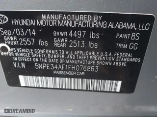 2015 Hyundai Sonata 2.4L Sport with VIN 5NPE34AF1FH076863, listed as a IAAI auction lot 41458535 with 168,605 mi miles. Bid and sale history available at carsss.com. Image 9.