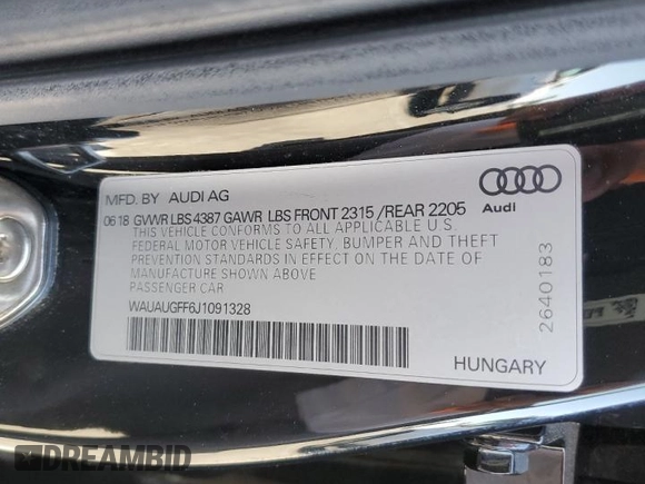 2018 Audi A3 Premium with VIN WAUAUGFF6J1091328, listed as a Copart auction lot 67236414 with 37,164 mi miles and Salvage Title. Bid and sale history available at DreamBid. Image 13.