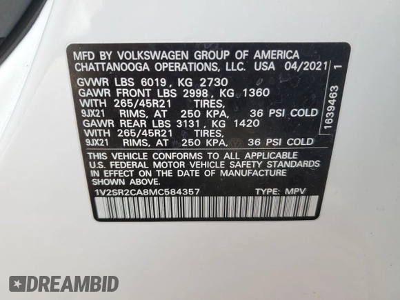 2021 Volkswagen Atlas SEL R-Line с VIN 1V2SR2CA8MC584357, выставлен на аукционе Copart как лот 53303615 с пробегом 37 384 миль миль и Списание • Salvage title. История ставок и продаж доступна на DreamBid. Изображение 13.