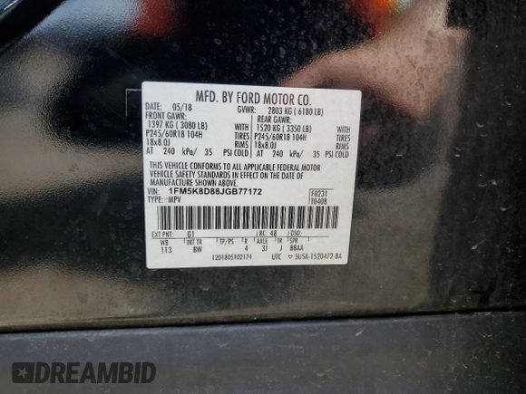 2018 Ford Explorer XLT with VIN 1FM5K8D88JGB77172, listed as a Copart auction lot 54339475 with Not provided miles and Salvage title. Bid and sale history available at DreamBid. Image 14.