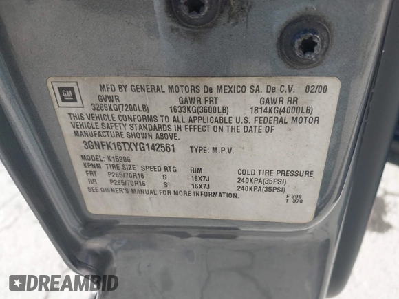 2000 Chevrolet Suburban LS with VIN 3GNFK16TXYG142561, listed as a IAAI auction lot 41281631 with 385,565 mi miles and . Bid and sale history available at DreamBid. Image 9.
