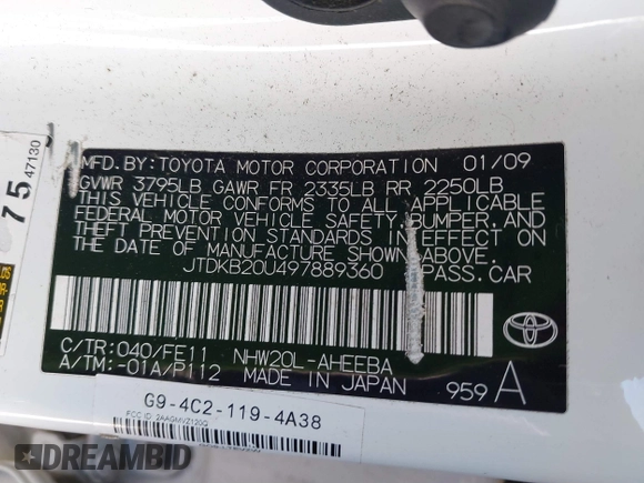 2009 Toyota Prius with VIN JTDKB20U497889360, listed as a IAAI auction lot 41681640 with 109,883 mi miles. Bid and sale history available at carsss.com. Image 9.