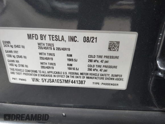 2021 Tesla Model S Long Range с VIN 5YJSA1E57MF441387, выставлен на аукционе IAAI как лот 42034307 с пробегом Не указан миль и . История ставок и продаж доступна на DreamBid. Изображение 9.